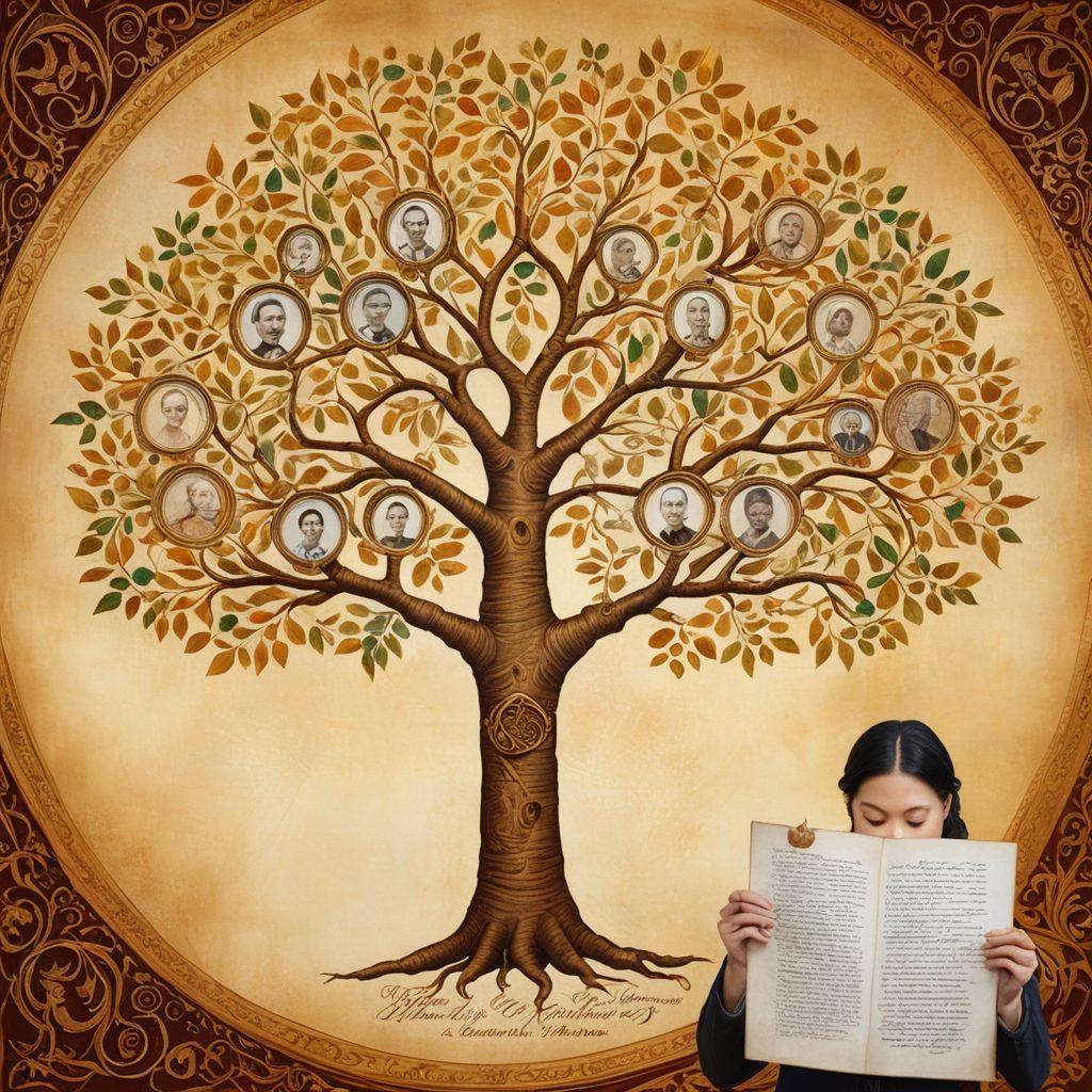 A beautifully detailed family tree sprawling across an ancient parchment background, with vibrant leaves representing different family branches. Include portraits of diverse ancestors in ornate frames, connected by delicate golden lines. In the foreground, a person examining a magnifying glass over ancestry documents, with soft light illuminating the scene. Elements of cultural symbols subtly integrated around the edges. super-realistic. warm colors. vintage style.