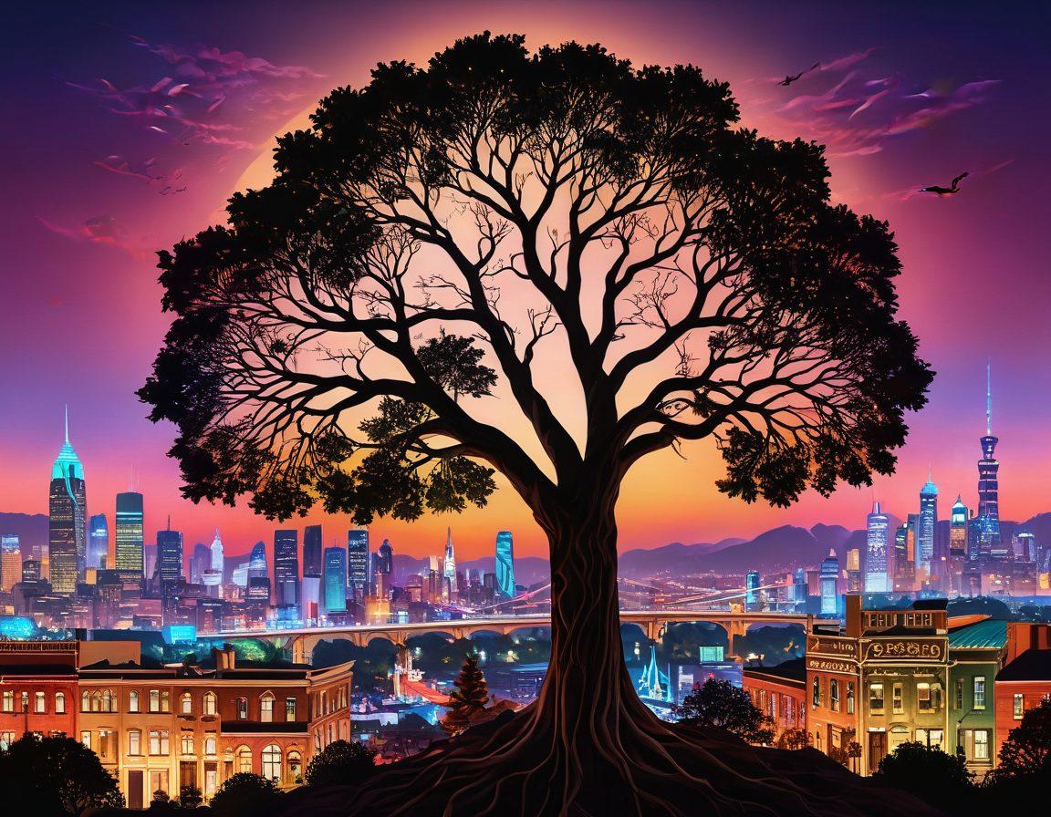 A beautifully intricate family tree with roots branching into vibrant historical scenes representing various cultures and eras. Ethereal ancestors depicted in soft glowing outlines, engaging in typical activities of their time. A futuristic city skyline gently rising in the background, symbolizing the progression from past to future. Warm earthy tones mixed with futuristic neon lights create a bridge between history and future. super-realistic. vibrant colors.