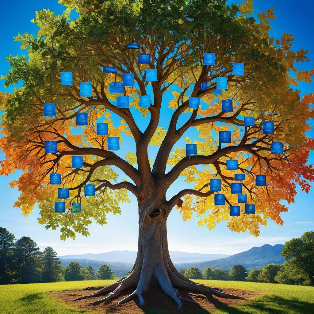A family tree with vibrant leaves illustrating different generations, connected by colorful, flowing ribbons symbolizing the bond between ancestors and descendants. Include diverse family members engaged in research, surrounded by historical documents and artifacts, under a bright sky with a radiant sun. A hint of a digital interface to represent modern ancestry research methods. super-realistic. vibrant colors. 3D.